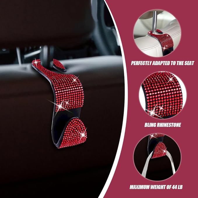deemars 2 Pack Car Seat Headrest Hooks, Bling Car Organizer Hanger Storage Hooks for Bags, Clothes, Coats, Grocery Bags (Red)