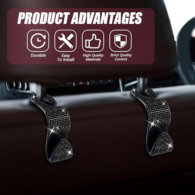 deemars 2 Pack Car Seat Headrest Hook, Bling Car Hooks Front Seat, Back Seat Organizer Hanger Storage Hook Car Purse Hook for Bags, Clothes, Coats, Grocery Bags (Black)
