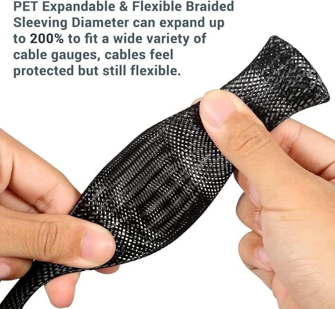 25Ft-1.5inch PET Expandable Braided Wire Sleeving,Wire Loom Cable Sleeve for TV,Computer,Home Theater,Automotive,Home Industrial,Electrical Wires,Chemical,Protect Cat from Chewing Cords,Black