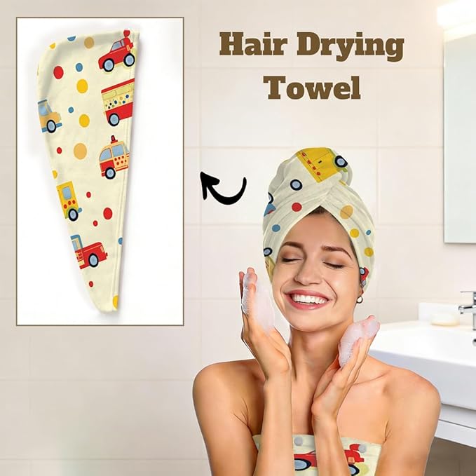 Women Bath Wrap Hair Towel Drying Cap Set Colorful Cars Bus Polka Dot Soft Absorbent Bathrobe Shower Wraps with Adjustable Closure Spa Bath Robe