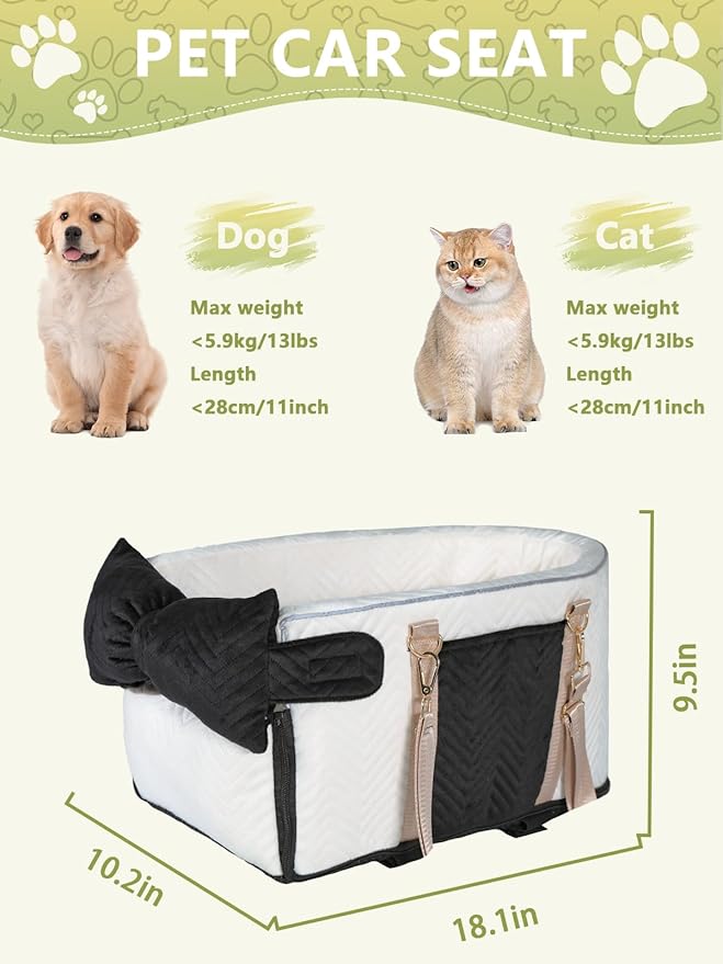 Prpeko Small Dog Car Seat, Portable Dog Seat with Soft Washable Cushion,Center Console Dog Car Seat for Small Dogs Up to 13lbs(White)