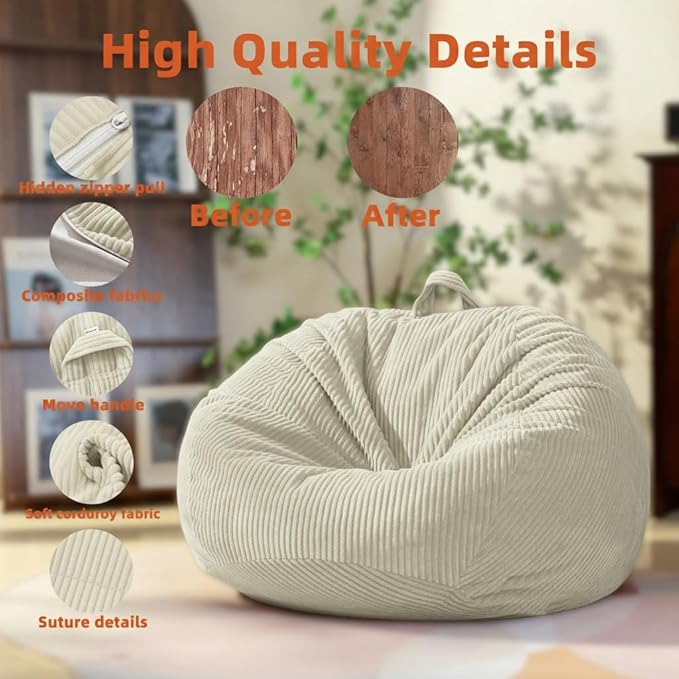 ZhenLives Stuffed Animal Storage Bean Bag Chair Cover, Cover Only (No Filler), Corduroy Toy Organizer Floor Cushion Seat, 48 in/120 cm Slipcover for Teens & Adults, White