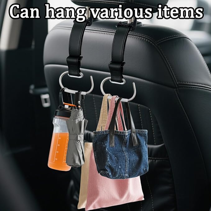 6Pcs Car Purse Hooks, Adjustable Leather Headrest Hooks for Car, Seat Back Organizer for Bags Purses (Black)