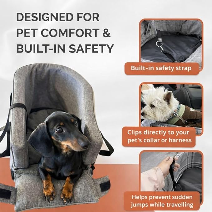 Kumdita Soft Console Dog Car Seat & Carrier for Extra Small Dogs (6–12 lbs). Cozy Center Console Pet Bed for Short Trips. Includes Safety Tether (Gray)