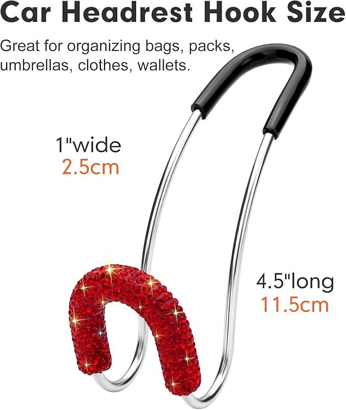 Soleebee 2 Pack Bling Car Headrest Hooks Crystal Rhinestones Universal Car Seat Hook Auto Hook Durable Car Back Seat Hangers Storage Organizer (Red)