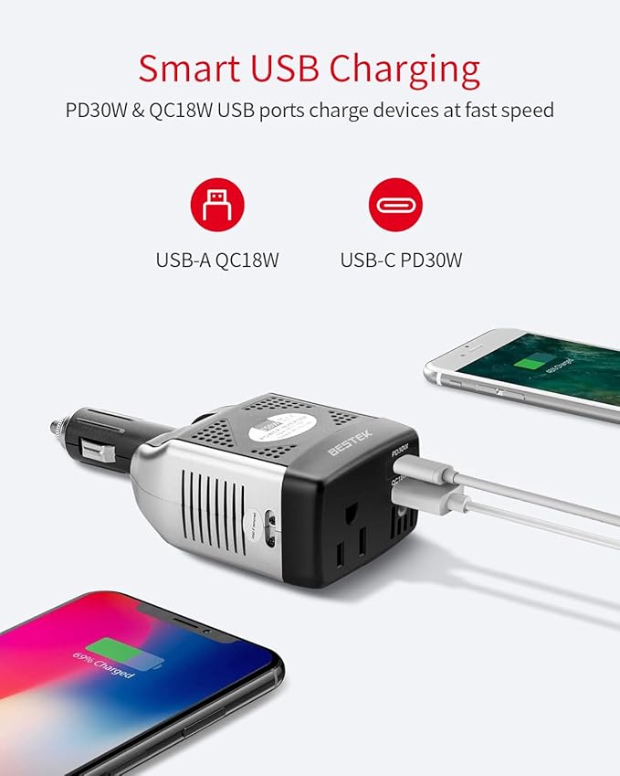 BESTEK 150W Power Inverter, DC 12V to AC 110V Voltage Converter PD 30W QC 18W Dual Charging Ports, Car Charger Power Adapter with Rotatable Plug & Safety Protection for Road Trip, Camping, Laptop