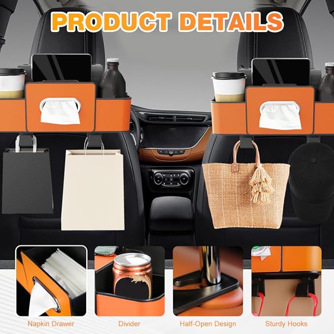 Back Seat Car Organizer,3 in 1 Car Backseat Storage Box with Cup Holder,Tissue Box,Trash Bin&Hooks,Multifunctional Waterproof Storage for Hold Phones Snacks Drinks Handbags (1, Brown)