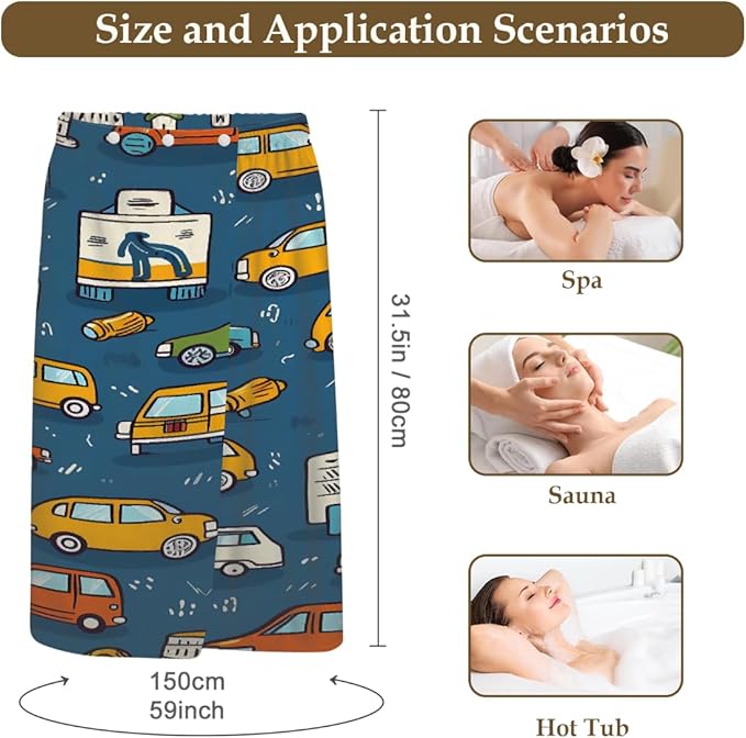 Women's Bath Wrap Cartoon Cars Pattern Absorbent Shower Spa Body Bath Robe Wraps Bathrobe Towel with Adjustable Closure