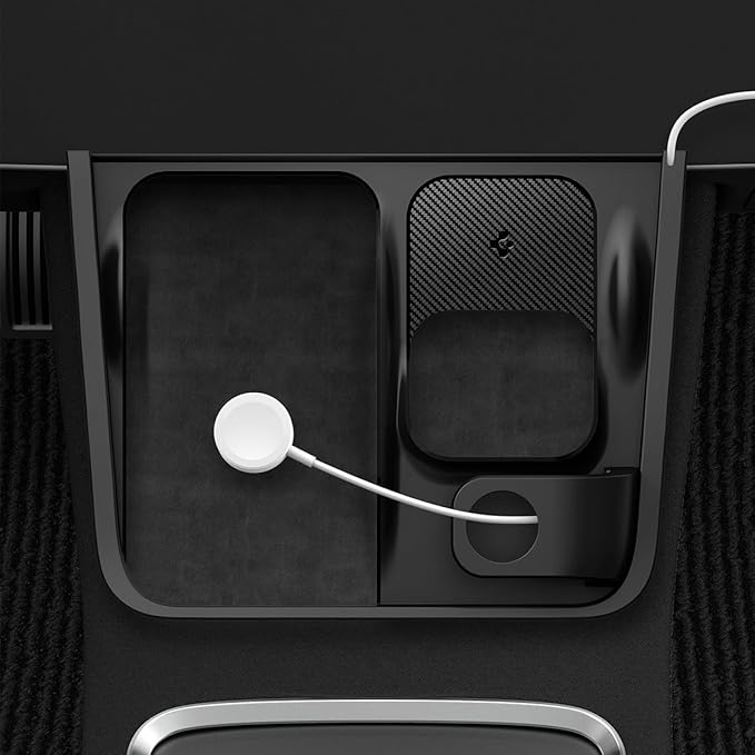 Spigen 3-in-1 Organizer Mount for Legacy Tesla Model Y 2022-2024 & Model 3 2022-2023 (Watch Charger Not Included) - Uses Tesla Wireless Charging Pad - for iPhone, AirPods, Apple Watch