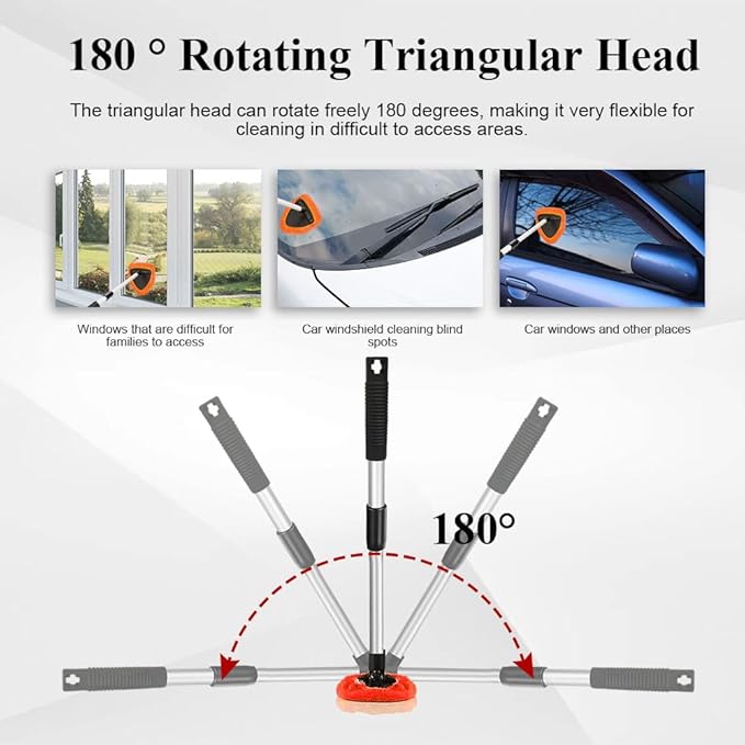 Windshield Cleaning Tool, Car Window Cleaner, Windshield Cleaner with 4 Washable Reusable Microfiber Pads and Extendable Handle, Auto Glass Wiper Cleaning Kit Universal for Car (Orange)