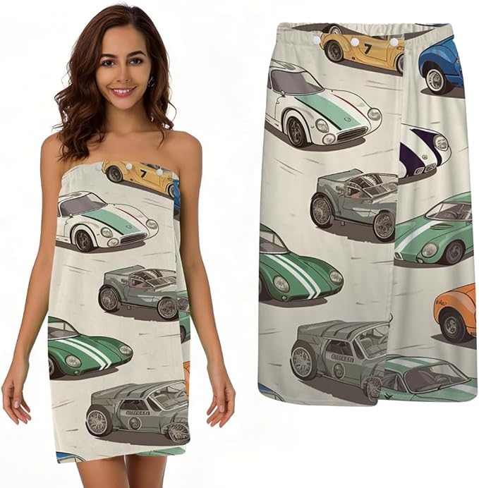 Towel Wrap for Women, Wearable Towel Dress Spa bathrobe with Adjustable Closure(Cute Cartoon Cars Pattern)