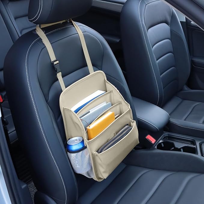 Front Seat Organizer Car Upholstery Leather Passenger Seat Storage Bag Large Durable Car Organizer with Adjustable Strap Multiple Compartments Mesh Bags Cup Holders (beige)