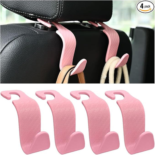 Hanemia 4PCS Car Seat Headrest Hooks, Auto Back Seat Hanger Holder, Durable Stylish Vehicle Organizer Universal Car Interior Accessories, Storage Hooks for Purses, Bags, Clothes (Carbon Fiber/Pink)