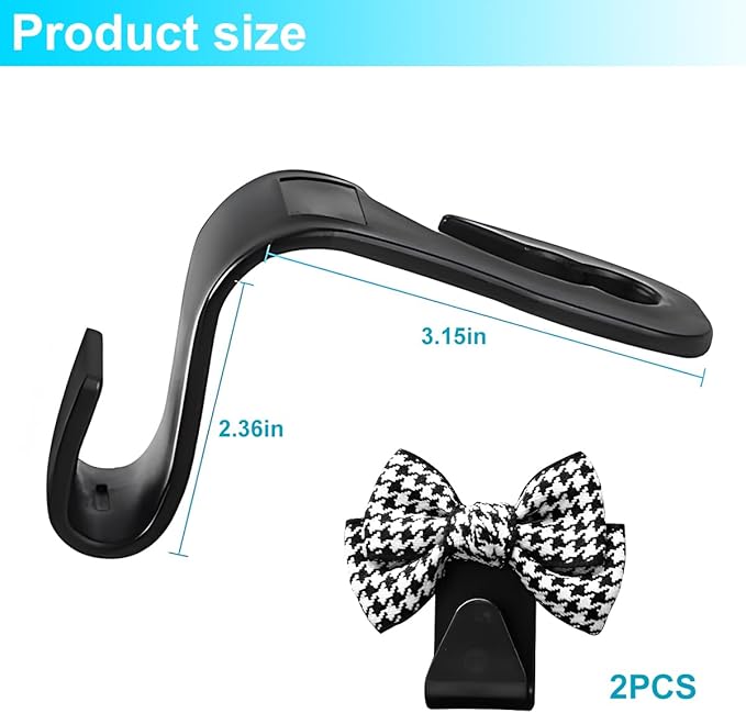 Mandark 2PCS Car Seat Headrest Hooks, Cute Bow Vehicle Hooks for Purses and Bags, Automotive Purse Hook Hanger Interior Decoration Accessories, Universal for SUV, Sedan, Truck (Black/Small)
