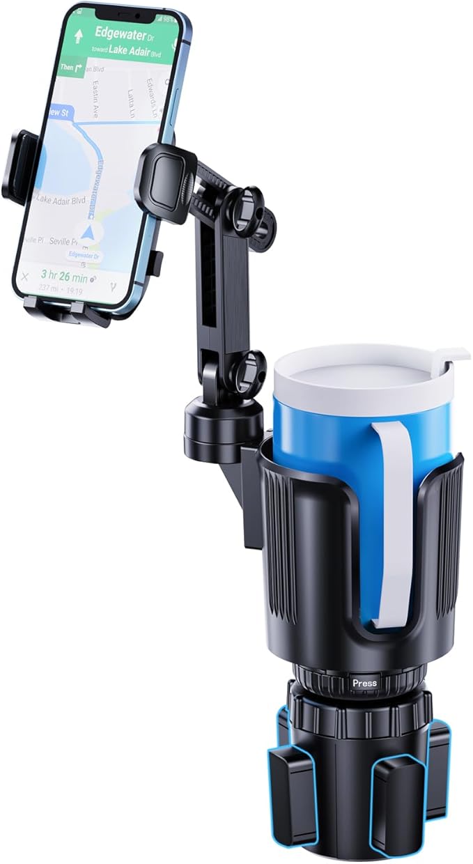 Cup Phone Holder for Car with Expandable Base, Upgraded 2 in 1 Hands Free Cellphone Holder Cupholder Car Mount, Stable Retractable Long Arm Universal Fit iphone and Large Bottle, for Truck SUV