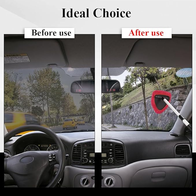 Windshield Cleaning Tool, Car Window Cleaner, Windshield Cleaner with 4 Washable Reusable Microfiber Pads and Extendable Handle, Auto Glass Wiper Cleaning Kit Universal for Car (Red)