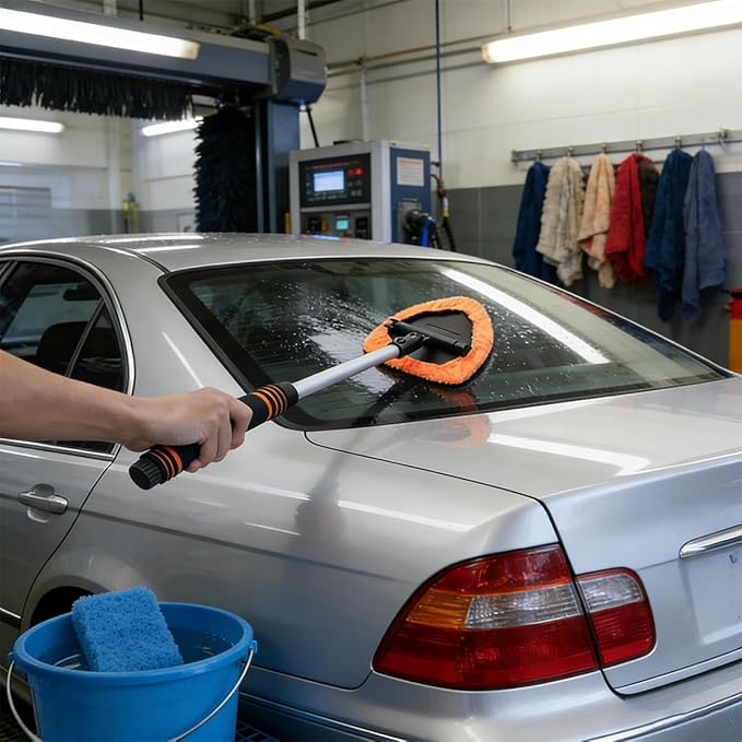 HZEL Car Windshield Cleaner Tool with Extendable Handle, Vehicle Glass Wiper Window Cleaning Tool with 2 Reusable Microfiber Pad, Auto Windscreen Detailing Cleaner Kit, Universal Fit (Triangle Orange)