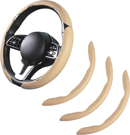 Car Steering Wheel Cover Leather Snap On 3Pcs Set Non-Slip Protector Wrap Steering Wheel Accessories 14.5-15 inch Universal Beige