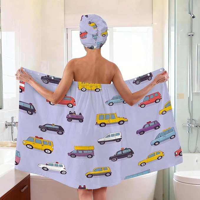 Women Bath Wrap Hair Towel Drying Cap Set Cute Cars Pattern Soft Absorbent Bathrobe Shower Wraps with Adjustable Closure Spa Bath Robe