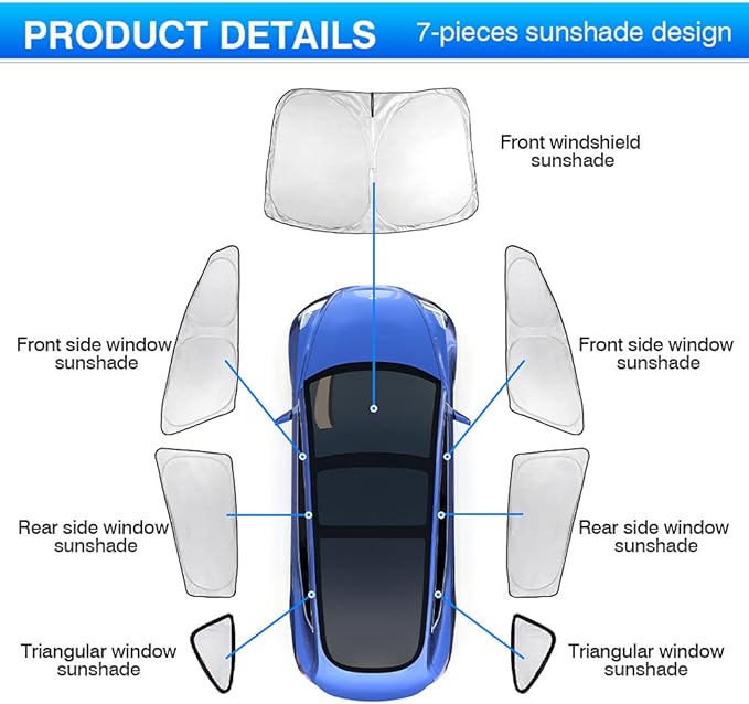 T TGBROS Windshield Sun Shade for Tesla Model 3 2018-2025 2026 Car Window Shades Thicken UV Block and Blackout Privacy Foldable Sunshades 7PCS Keep Cool Sun Visor Covers