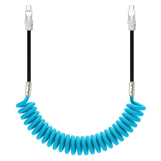 chubbycable Curly Chubby 240W Coiled USB C Cable Retractable Fast Charging Cable for Car Charger Cord Compatible with iPhone 17-15 Series, Light Blue and Black, Type-C to Type-C, 2.29FT-3.6FT