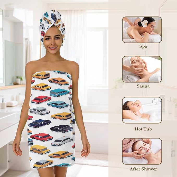 Women Bath Wrap Hair Towel Drying Cap Set Colorful Cars Pattern Print Soft Absorbent Bathrobe Shower Wraps with Adjustable Closure Spa Bath Robe
