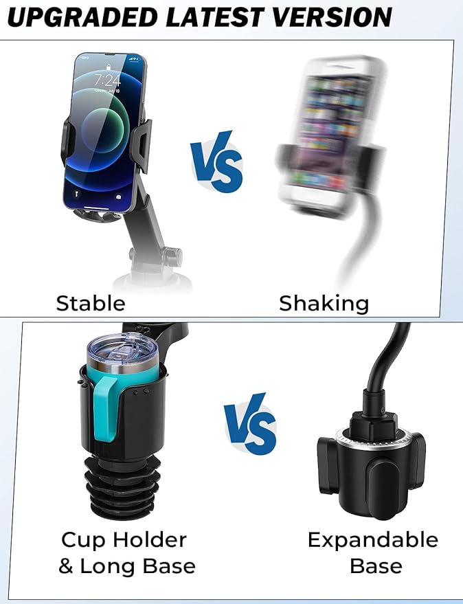 JOYTUTUS Cup Holder Phone Mount for Car, Car Cellphone Large Adapter Long Arm with 360 Degree Rotation, Compatible iPhone, Samsung & All Smartphones,Black,2 Pack