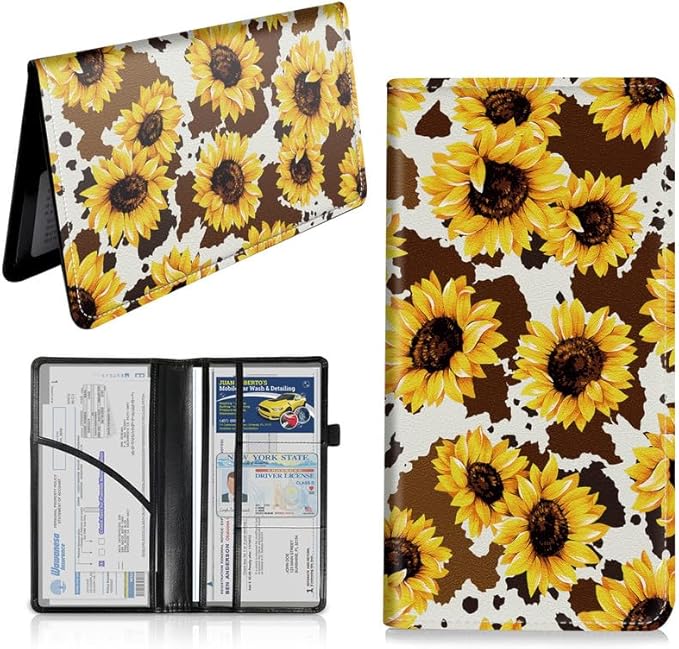 Car Registration and Insurance Card Holder, Vehicle License Documents Glove Box Compartment Organizer Wallet, ID Card Holder for Car Essentials Automobile, Leopard Sunflower Western