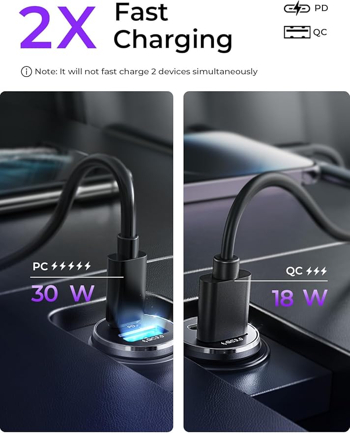 LISEN 48W USB C Car Charger Adapter [2 Pack] [Mini & Metal] Cigarette Lighter USB Charger Fast Charging [PD QC 3.0] USBC Car Phone Charger for iPhone 15 Pro Max Plus 14 Samsung Galaxy iPad Silver