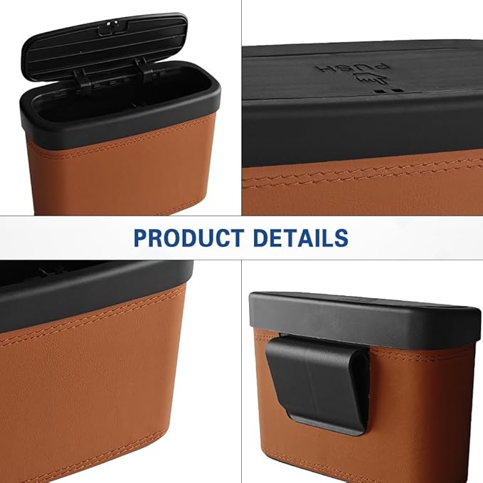 2PCS Car Trash Can with Lid, Press-Top Car Trash Bin with 30PCS Cars Trashs Bags, Small Automotive Dustbin Garbage Container Universal Fit Most Cars Office Home (2pcs-Brown)