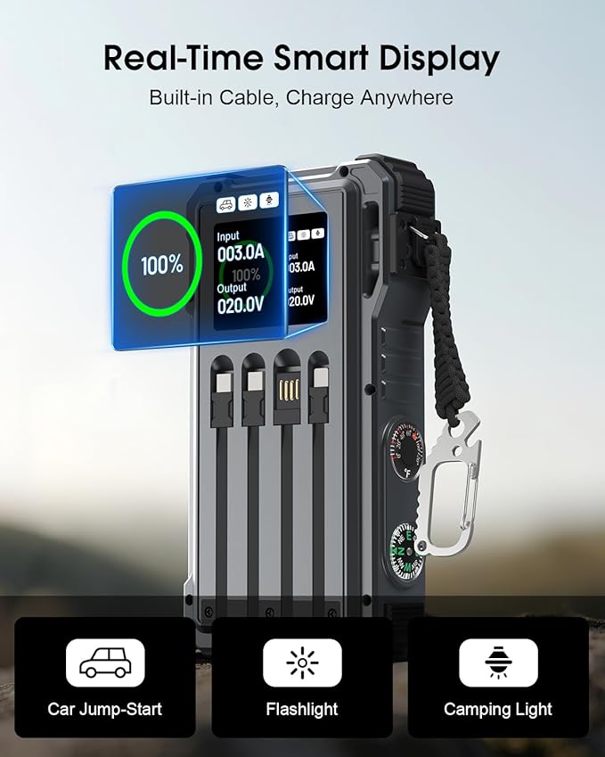 Solar Power Bank 44400 mWH, 45W Fast Charging with 4 Built-in Cables & Car Battery Jumper Starter Portable, 12V Battery Booster Pack with Smart Display,Gift for Men, Gray