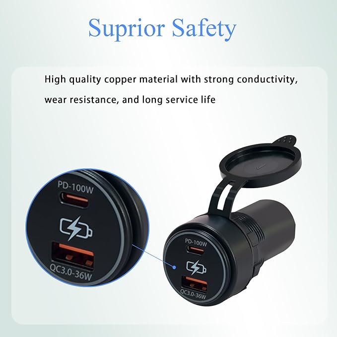 Dual USB Car Charger 100W Fast Charging PD & QC3.0 Type C & USB A Ports 12V/24V for Car Truck RV Boat Marine