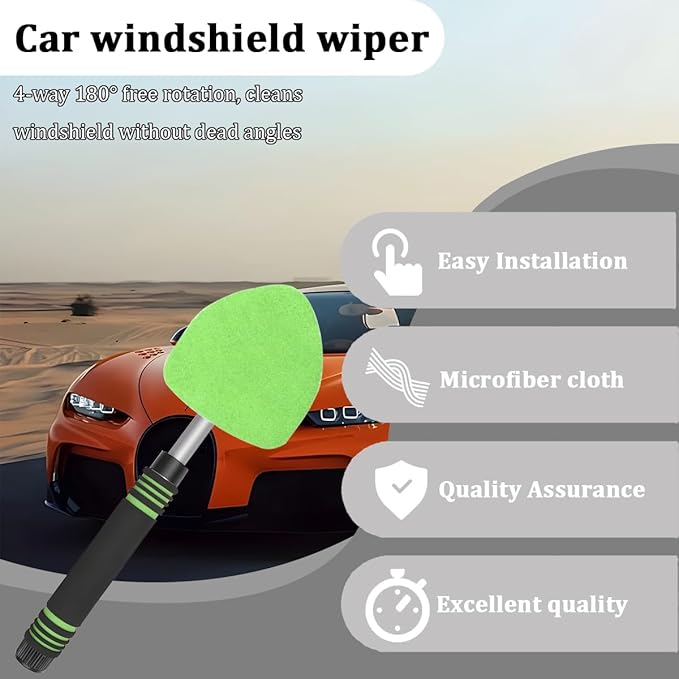 HZEL Car Windshield Cleaner Tool with Extendable Handle, Vehicle Glass Wiper Window Cleaning Tool with 2 Reusable Microfiber Pad, Auto Windscreen Detailing Cleaner Kit, Universal Fit (Triangle Green)