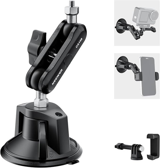 NEEWER Suction Cup Phone Holder & Camera Mount Compatible With GoPro DJI Insta360 iPhone, Car Phone Mount with Action Camera Adapter 360° Magic Arm for POV Windshield Glass Vlog Video Recording, CA158