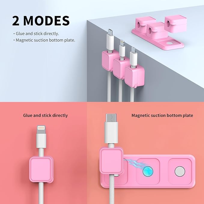 Magnetic Cable Organizer for Desk – Upgraded Wire Clips with Adhesive Base – Desktop Cord Holder for USB, Charging Cables – 6 Clips + 1 Magnetic Base (Pink)