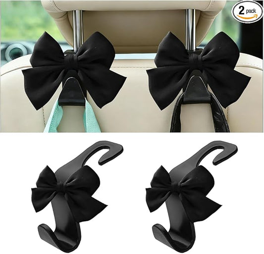 2PCS Car Seat Headrest Hooks, Cute Bow Vehicle Backseat Storage Hanger for Handbag Umbrella Coat, Automotive Seat Back Hook Holder Organizer Decor, Universal for Vehicles (Black)