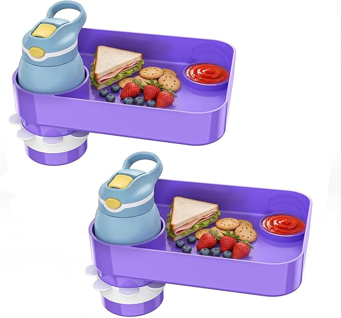 Kids Car Seat Tray, Travel Tray with Cup Holder for Toddler Baby, Kids Car Seat Food Snack Organizer for Road Trip, Stroller Snack Organizer Travel Must Haves Toddler Must Haves (Purple, 2 Packs)