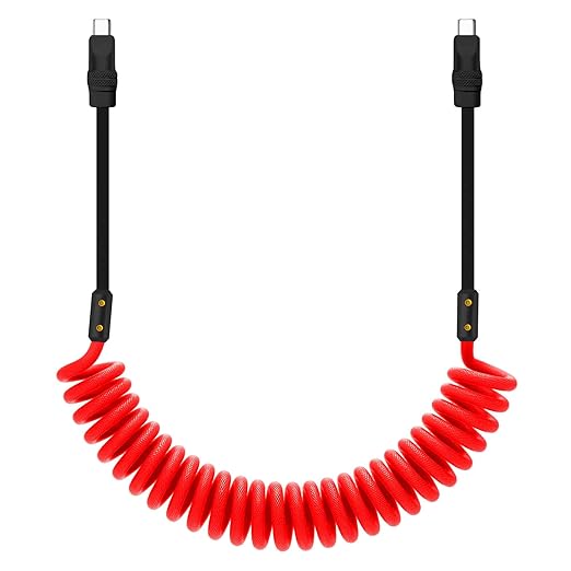 chubbycable Curly Chubby 240W Coiled USB C Cable Retractable Fast Charging Cable for Car Charger Cord Compatible with iPhone 17-15 Series, Red+Black, Type-C to Type-C, 2.29FT-3.6FT