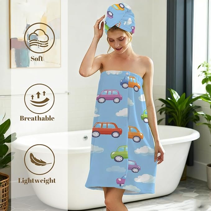 Women Bath Wrap Hair Towel Drying Cap Set Colored Cute Cars Clauds Soft Absorbent Bathrobe Shower Wraps with Adjustable Closure Spa Bath Robe