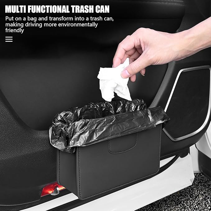 Car Trash Can, Leather Auto Garbage Bin, Magnetic Litter Storage Container, Mini Portable Foldable Vehicle Interior Hanging Dustbin Accessories, Universal for SUV, Truck, RV（Black）