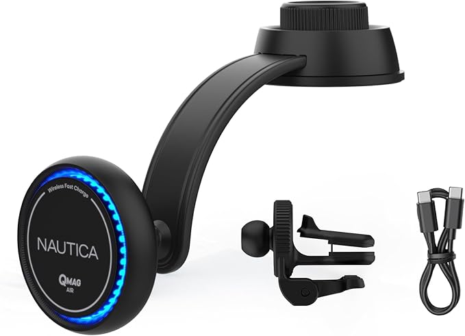 Nautica Turan QMAG Air - Wireless Magnetic Car Charger 15W with Cooling Fan and Ambient Light, Includes 4ft USB C Cable, Universal Phone Mount for iPhone 17, 16, Galaxy S25, S24, Pixel 10 and More