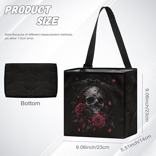 Crow Skull Rose Print Car Trash Can Leakproof Trash Bin Car Garbage Can Hanging Water-Resistant Collapsible Auto Trash Bag Halloween Decor Car Accessories for Women Men