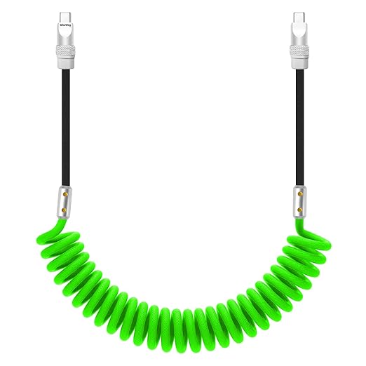 chubbycable Curly Chubby 240W Coiled USB C Cable Retractable Fast Charging Cable for Car Charger Cord Compatible with iPhone 17-15 Series, Green and Black, Type-C to Type-C, 2.29FT-3.6FT