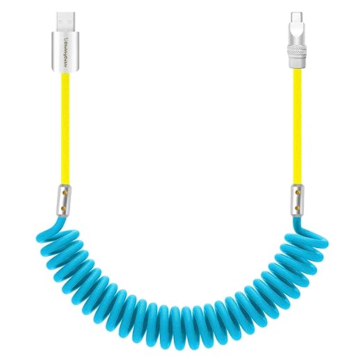 chubbycable Curly Chubby 120W Coiled USB C Cable Retractable Fast Charging Cable for Car Charger Cord Compatible with iPhone 17-15 Series, Blue+Yellow, USB-A to Type-C, 2.29FT-3.6FT