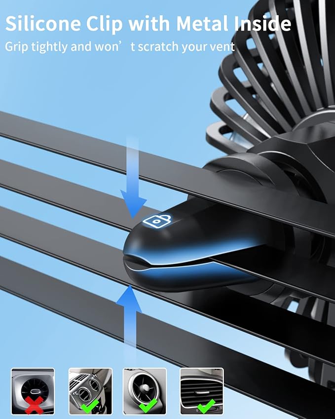 TriPole Car Fan USB Powered - Powerful 3 Speed, Portable Cooling Clip Fan for Car Vent, Quiet Brushless Motor, 360 Degree Rotatable, Air Circulation for Vehicle, Van, Truck, SUV, RV