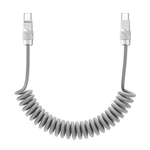 chubbycable Curly Chubby 240W Coiled USB C Fast Charging Cable Durable Braided Charger Cord for Car Compatible with iPhone 17-15 Series iPad, Gray, Type-C to Type-C, 2.13FT-6.56FT