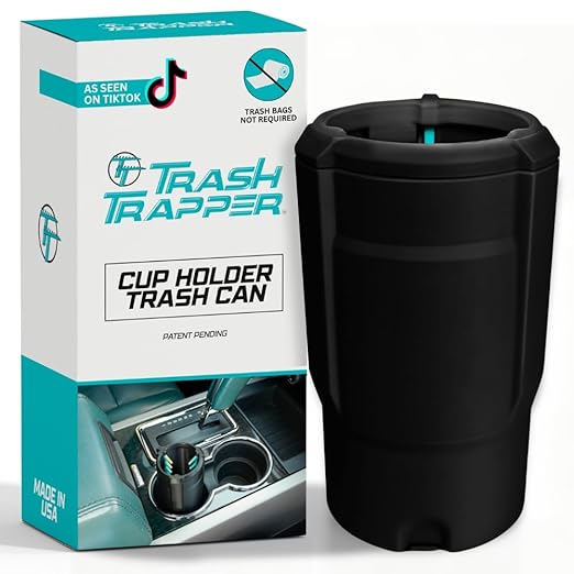 Trash Trapper Mini Car Trash Container – Frees Your Cupholder, Traps More & Empties Less with Patent-Pending Compaction, Holds Weeks of Small Trash, Portable for Car, Stroller & Travel, Black/Teal