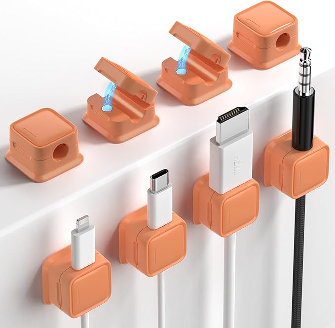 8 Pack Magnetic Cord Organizer, Easy Secure Adhesive Cable Management, Wire Holder Keeper, Hide Or Organize Phone USB Charger Cable, Orange
