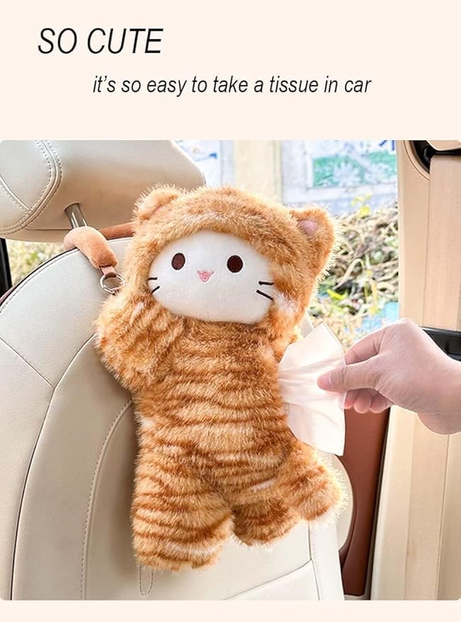Tissue Box Cover Plush Tissue Box Holder for Car, Home, Decorative Holder/Organizer for Bathroom Vanity Countertop, Nightstands, Office Desk-Orange Cat