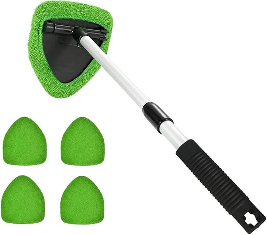 Windshield Cleaning Tool, Car Window Cleaner, Windshield Cleaner with 4 Washable Reusable Microfiber Pads and Extendable Handle, Auto Glass Wiper Cleaning Kit Universal for Car (Green)